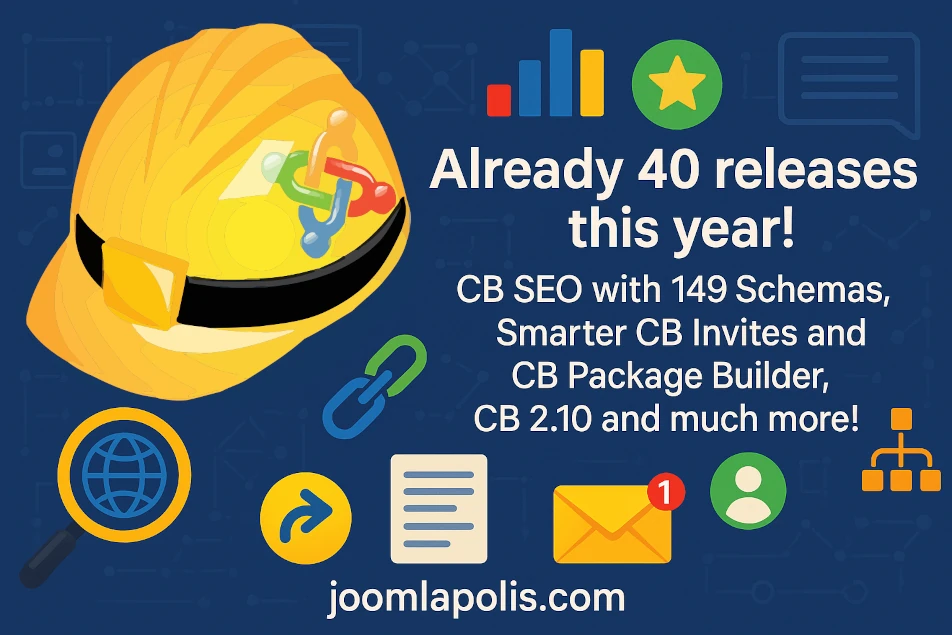 Vivid graphic celebrating already 40 Community Builder releases in 2025, featuring the yellow CB helmet, highlighting CB SEO with 149 schemas, smarter CB invites, CB Package Builder, and version Community Builder 2.10 releases on a blue background with icons