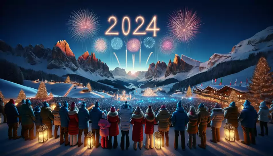 A vibrant alpine scene at twilight features a diverse crowd of people in winter clothing, watching fireworks illuminate the sky above snow-capped mountains. The fireworks create the numbers "2024" in sparkling colors, symbolizing celebration and new beginnings. The atmosphere is festive, with glowing lanterns adding to the magical ambiance of the evening.