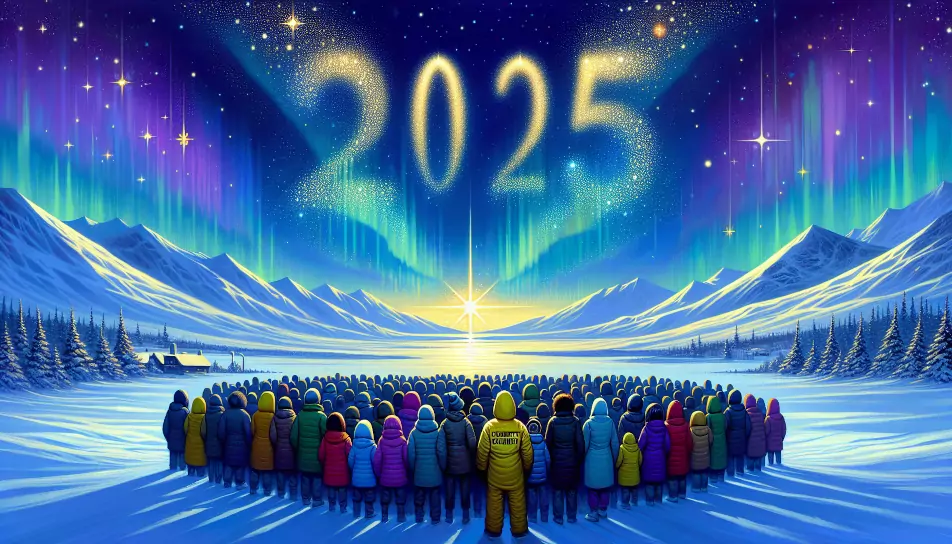 A group of people, seen from behind, gazes up at a starry night sky with the year "2025" formed by stars dust. A man wearing a yellow jacket is just behind them. In the background, snowy mountains and a colorful aurora borealis create a serene, festive atmosphere.  Image generated by AI.