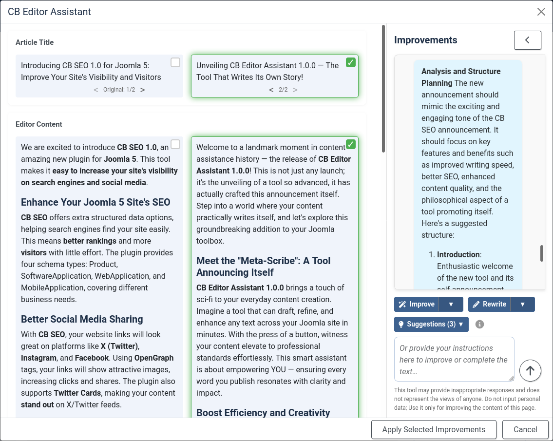 Screenshot of CB Editor Assistant writing its own front-page announcement article, based on CB SEO 1.0 announcement and the product page, with first an analysis and structure planning