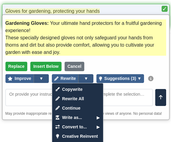 User Interface of CB Editor Assistant showing a proposal for a creative rewrite of a product description for gardening gloves, emphasizing comfort and protection for hands while gardening, with options to improve or rewrite the text.